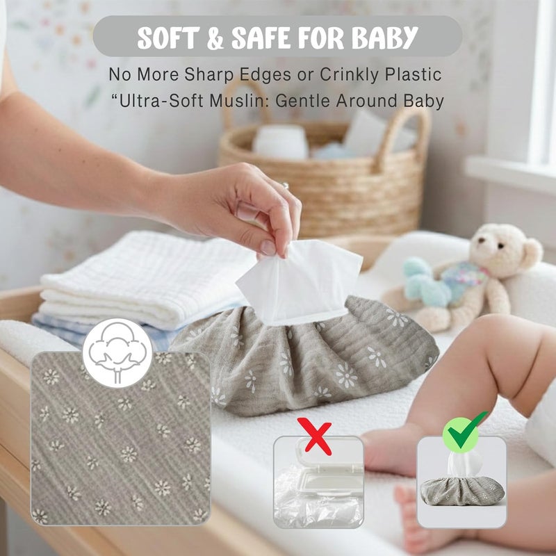 TISU Baby Wipes Cover – Universal Size, One Size Fits All Wipes Packages | Muslin Cotton Tissue Cover for Nursery, Diaper Bag & Changing Table, Station | Gingham & Neutral Patterns (Beige Daisy) - Image 4